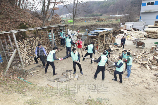 교통안전공단 직원들이 14일 경기 용인 '한울장애인공동체'에서 땔감을 나르고 있다.<교통안전공단 제공>